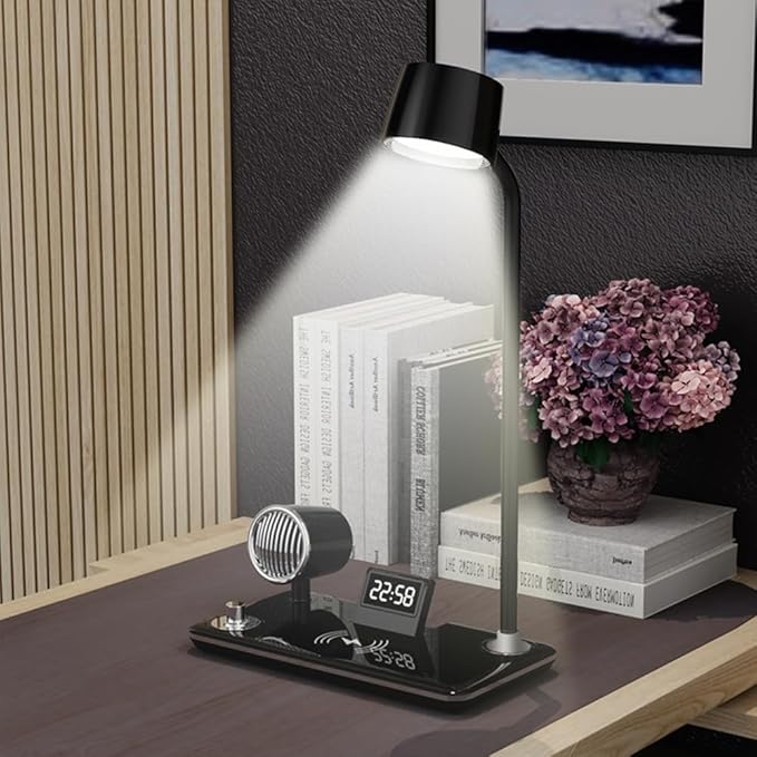IHAO Smart LED Desk Lamp with Wireless Charger & Bluetooth Speaker, 15W Fast Charging Station for Phone & Earbuds Touch Control 3 Light Modes Alarm Clock Adjustable Eye-CareTable Lamp-HYT1772 Black