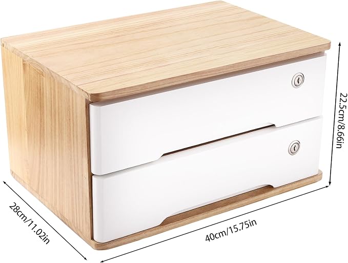 2-Tier Desktop Storage Box with Lockable Drawer, Wooden Desk Organizer for Office Supplies, Flat File Cabinet, Minimalist Design for Home & Office Use(Original Wood+White)