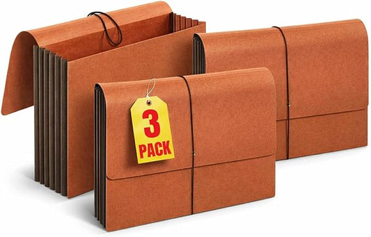 1InTheOffice Expanding File Folder with Flap and Cord Closure, 5-1/4" Expansion, Letter Size, Wallet Redrope, 3 Pack