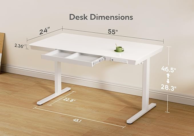 Claiks Glass Standing Desk with Drawers & USB Ports 55x24 Inch, White | 3 Steps Quick Install, 2 Zones Drawer, USB Ports, Ultra White One-Piece Glass Top, Writable Top