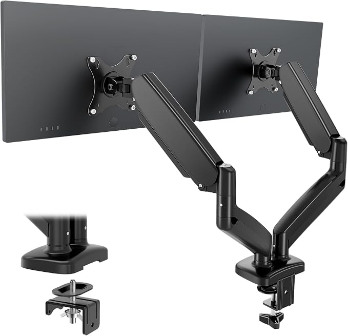 OLIXIS Dual Monitor Mount for Desk, Gas Spring Monitor Arm for 2 Monitors Max 32 Inches, Fully Adjustable Double VESA Mount with C-Clamp/Grommet Base, Holds Screen 17.6 lbs