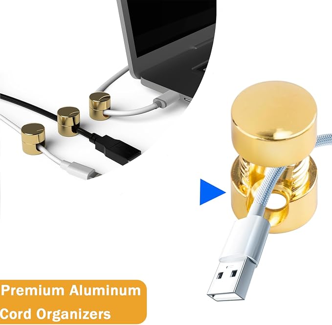 6 Sets Charger Cord Keeper Holder Stick on, Gold Metal Adhesive Cable Management Clips,Adjustable Phone Cable Anchor Holders,Wire Organizer for Desk, Wall, Home, Office, nightstand, Chandelier