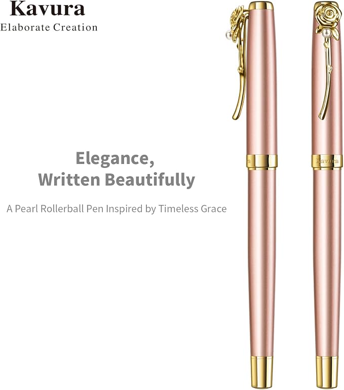 Rose & Pearl Rollerball Pen – Luxury Brass Pen Gift Set for Women, Jewelry-Inspired Design, Glossy Finish, with German Refill, Romantic Gift for Her, Anniversary & Valentine’s Day (Rose Gold)