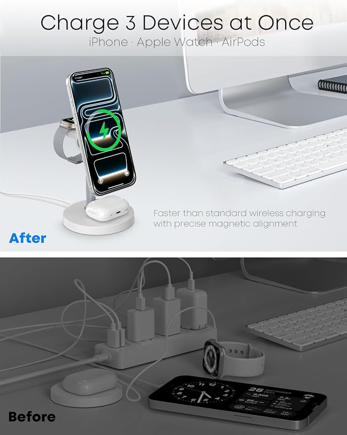 3 in 1 Magnetic Wireless Charging Station, 15W Charger for iPhone, White | Compatible with iPhone 12-17 Series, Apple Watch & AirPods, Charges 3 Devices Together, 18W Adapter Included, 3-Year Warranty