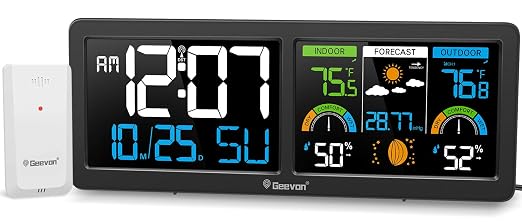 Geevon Weather Stations Wireless Indoor Outdoor Thermometer with Alarm Clock, HD Color Display Digital Temperature Humidity Monitor with Barometer, Comfort Indicator, and Adjustable Backlight