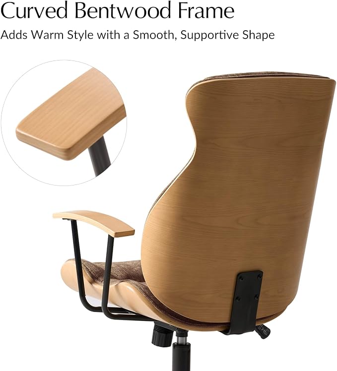 HULALA HOME Solid Wood Office Chair with High Backrest, Camel | Mid Century Modern Bentwood Desk Chair with Tilt Function, Swivel Fabric Computer Task Chair, Height Adjustable, Metal Base