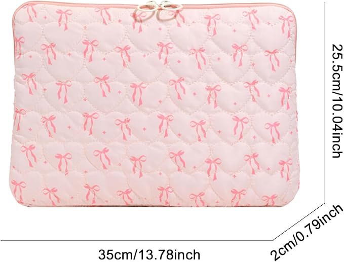 Puffy Laptop Sleeve 13-15 Inch, Cute Bow Laptop Protective Case, Quilted Padded Computer Cover, Aesthetic Carrying Tablet Bag (A04-Pink, 13-14inch)