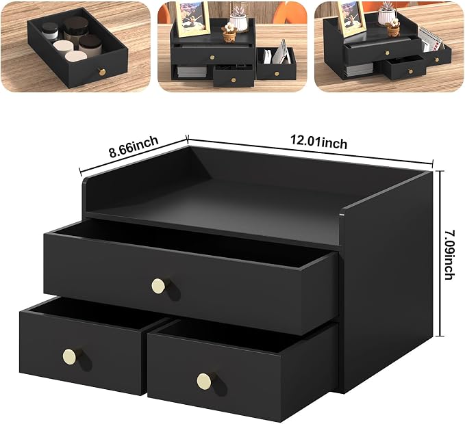 Bamboo Desk Organizer with Drawers,Wooden Desktop Storage (3 Drawers,Black) | 100% Bamboo 3 Pull-Out Drawers No Assembly Required Space-Saving Design