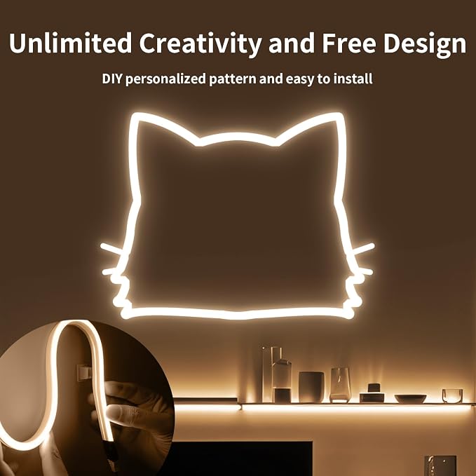 iNextStation Warm White LED Rope Lights 16.4FT/5M DC12V LED Strip Lights, IP65 Waterproof Silicone Neon Light Strip, Flexible Led Light Strip 0.98in Cut for DIY, Rope Led Lights for Bedroom(with Plug)