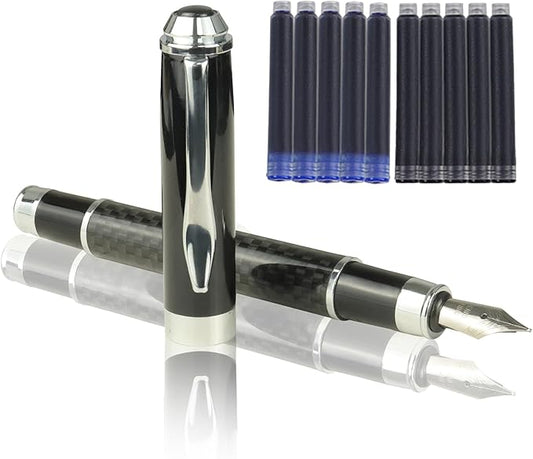 YUNCHUN Carbon Fiber Pen, Medium Nib Fountain Pen for Writing, Fancy Pen Set for Men, Nice Ink Pen with 5 Black & 5 Blue Ink Refills Cartridges, Professional Executive Pen for Work, Black
