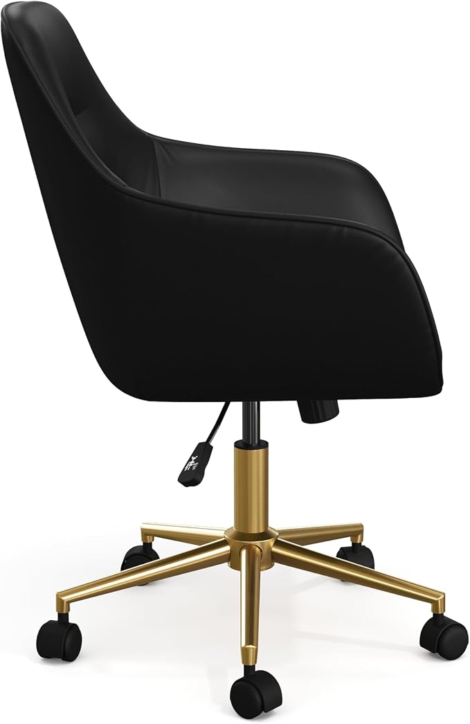 Martha Stewart Rayna Swivel Task Chair with Flared Arms for Home Office in Black Faux Leather with Polished Brass Frame