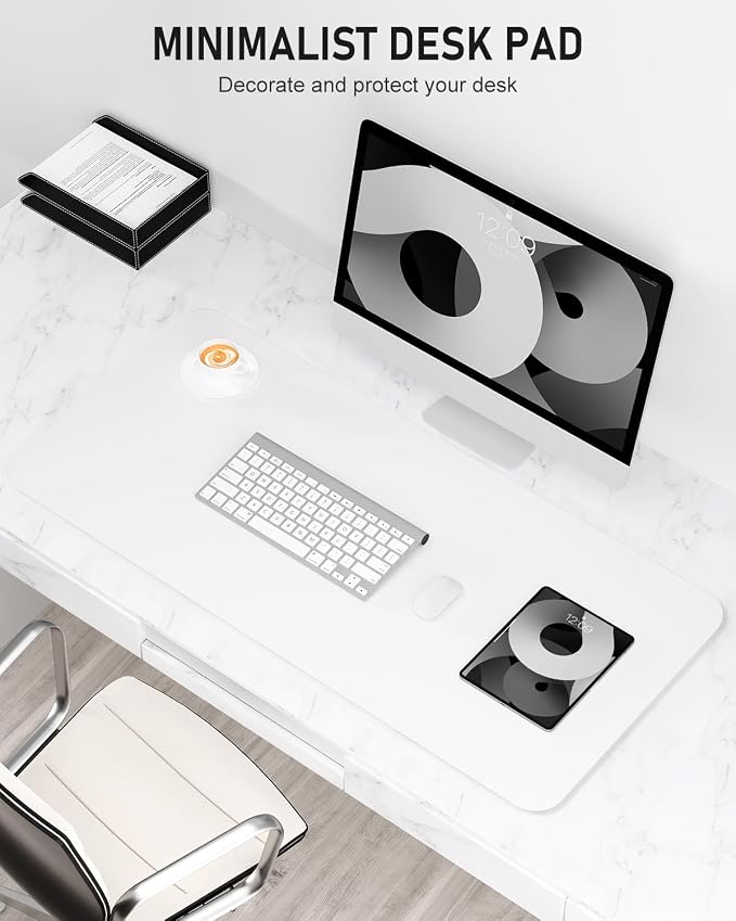 Desk Pad, 23.6" x 13.8" PU Leather Non-Slip Desk Mat Large Mouse Pad for Desktop, Waterproof Laptop Computer Writing Mat for Office, Home, Work, Gaming, White