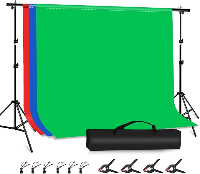 PULUZ Photo Background Support System with 9.5x6.5ft/300x200cm Backdrop Stand Kit, Portable greenscreen Background and Blue Red Backdrop for Photography, Video Shooting, Live Streaming, Party