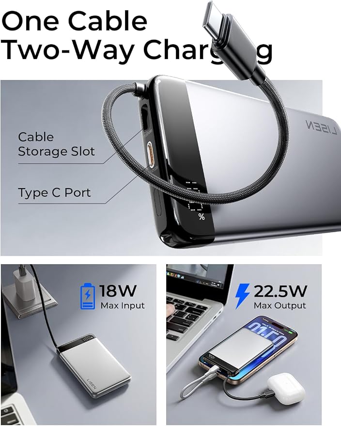 LISEN [CCC Certified] [Metal Alloy] 0.5" Ultra Slim 10000mAh Power Bank 3C, TSA Approved Airplane Travel Essentials, Portable Charger USB C Fast Charging for iPhone 17 Air 16 15 Pro Samsung Galaxy S26