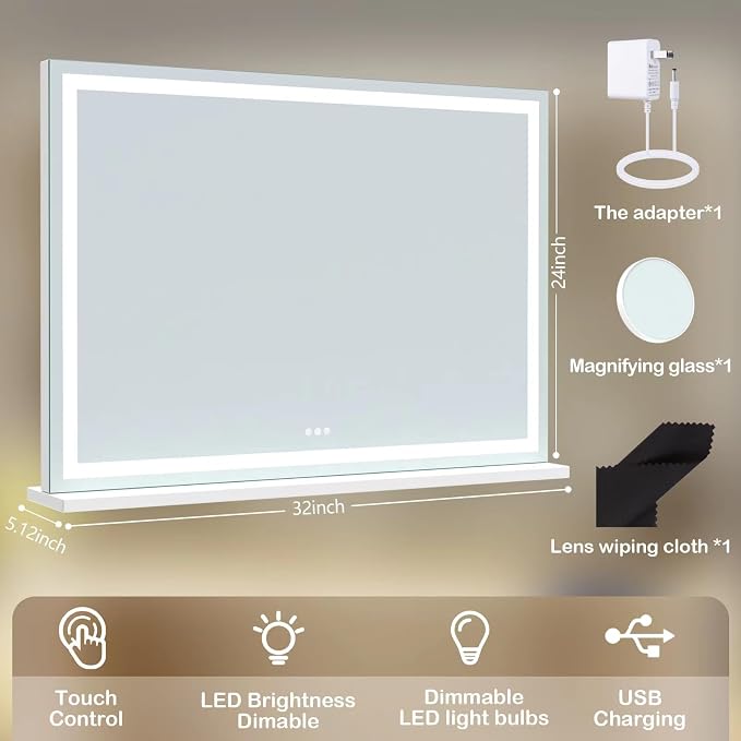 Gvnkvn Makeup Vanity Mirror with Lights 32" x 24" Large LED Makeup Mirror, Light up Mirror with 10X Magnification and USB Charging Port, with Dimmable 3 Modes, Touch Screen Control Round White
