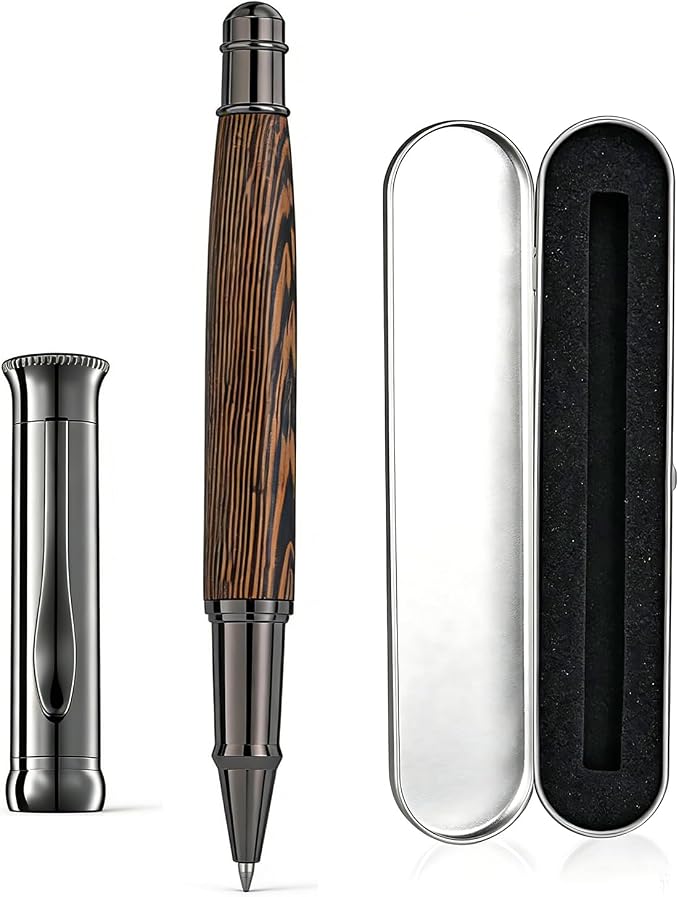 Luxury Wood Rollerball Pen Set, 0.5mm Black Ink Handcrafted Chicken Wing Wood Signature Pen, Professional Executive Pens with Metal Box for Men Women