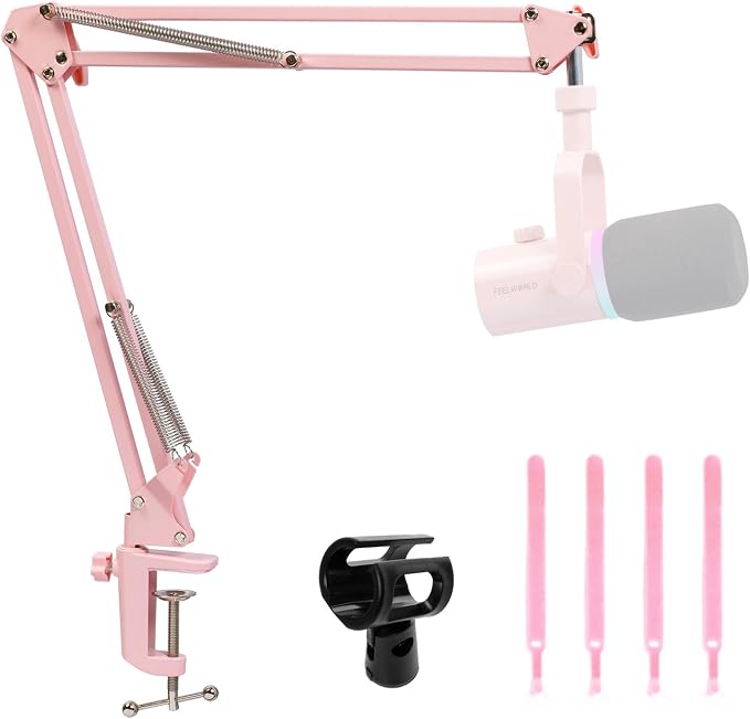 FEELWORLD AMS1 Microphone Boom Arm, Adjustable Mic Arm Stand with 3/8” to 5/8” Screw, Compatible with PM1 and other Mics for Podcast Straming Gaming Studio （Pink)