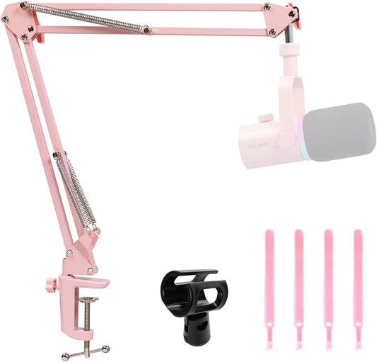 FEELWORLD AMS1 Microphone Boom Arm, Adjustable Mic Arm Stand with 3/8” to 5/8” Screw, Compatible with PM1 and other Mics for Podcast Straming Gaming Studio （Pink)