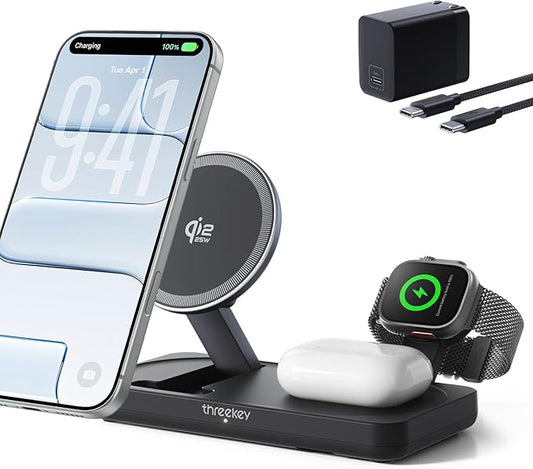 THREEKEY 3 in 1 Qi2 Wireless Charging Station, 25W Magnetic Charger with MFi-Certified Apple Watch Module for iPhone 17/16/15/14/13/12, AirPods, Pixel 10 Pro XL, 45W Adapter