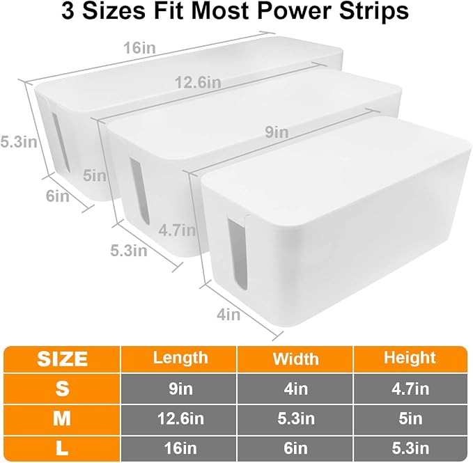 DUNCHATY Cable Management Box 3 Pack - Cord Organizer Box for Desk TV Computer - Large Medium Small Power Strip Cover & Wire Hider - Child & Pet Safe ABS Cord Box with Cable Ties - White