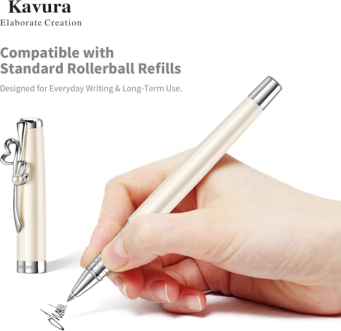 Heart & Pearl Rollerball Pen – Luxury Brass Pen Gift Set for Women, Jewelry-Inspired Design, Glossy Finish, with German Refill, Meaningful Gift for Her, Mother’s Day or Birthday (Pearl White)