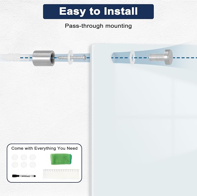 Magnetic Glass Whiteboard, 24" x 18", Frameless Wall Mount, Normal White | Glass Dry Erase Board for Wall, Includes 1 Marker Tray and 6 Magnets, White Board for Office, Home, Classroom
