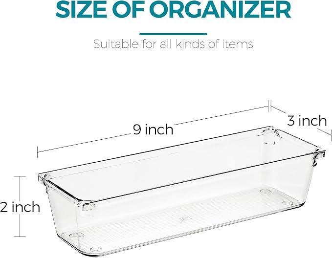 12 Pack Drawer Organizers, 3"X 9" Clear Acrylic Storage Bins | Acrylic Tray Design, Non-Slip Pads, Desk Storage Helper, For Makeup, Jewelry, Kitchen, Bathroom, Office Organization