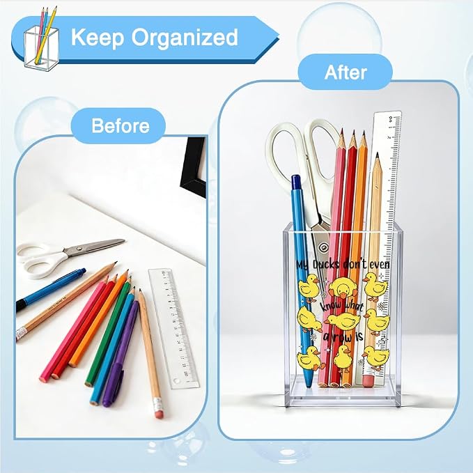 My Ducks Don't Even Know What A Row Is Acrylic Organizer Pencil Pen Holder, Cute Duck Makeup Brush Storage Organizer, Sarcastic Desk Accessories Holder Gifts for Coworker Work Bestie Friend
