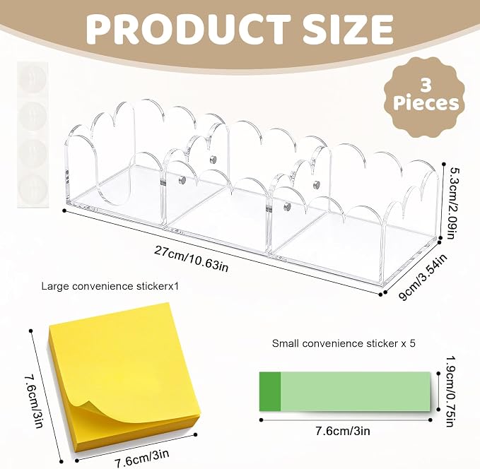3Pcs Scalloped Acrylic Sticky Note Holder,Clear Sticky Notes Dispenser 3x3 Thick Post it Notes Memo Pad Holder Non-Slip Desk Organizer for Office Home School Dorm Desktop