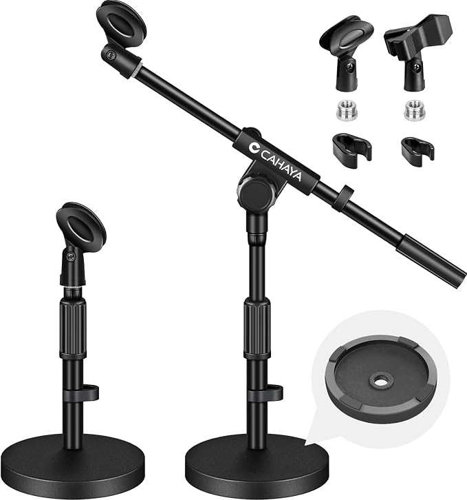 CAHAYA Microphone Stand Desk Adjustable: Boom Arm Mic Stand Desktop with 2 Mic Clips Reinforced Metal Base Table Mic Mount with 3/8" to 5/8" Screw Adapter for Singing Performance Wedding Stage Black