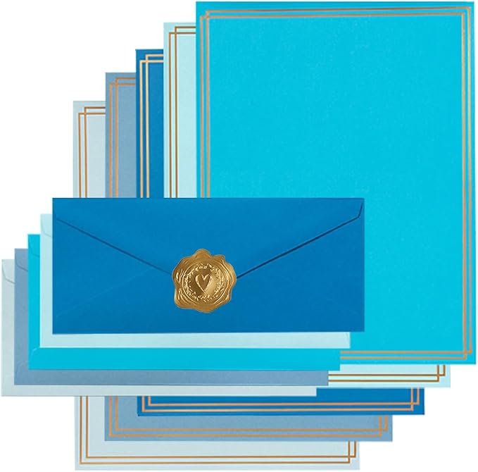 50 Pack Colored Stationery Set, 5 Colors #10 Business Envelopes, 50 Sheets 8.5x11 Paper Sheet and Gold Stickers for Office, Letters, Invitations (Blue)