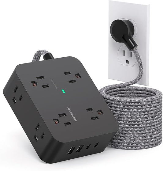 Extension Cord 20 Ft, HANYCONY Power Strip Surge Protector with 8 Outlets 4 USB Ports(2 USB C), Long Cord, Flat Plug, Wall Mount, Desk USB Charging Station for Home Office Essentials