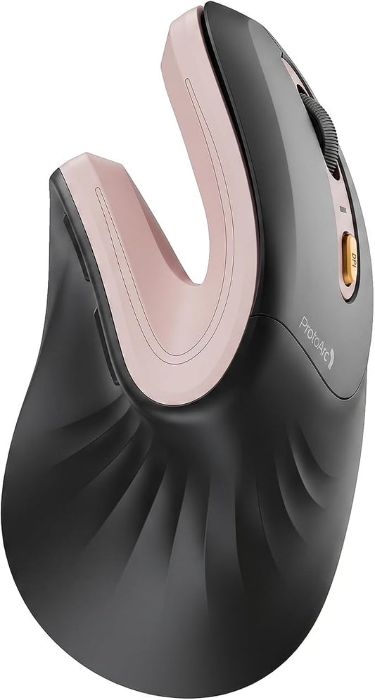 ProtoArc EM11 NL Wireless Ergonomic Mouse, Rechargeable, Black Pink | 58° vertical design supports a natural wrist posture, connect 3 devices via Bluetooth/2.4G USB-A, 500mAh USB-C rechargeable.