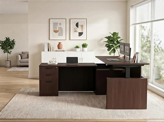 100.4'' U Shaped Executive Standing Desk with Pre-Assembled Frame & Lockable Cabinets, Height Adjustable Desk Dual-Motor Sit-Stand Workstation for Corporate & Home Office (Espresso-U)