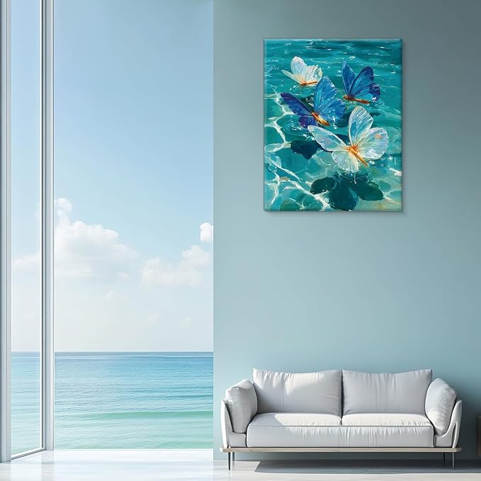 Coastal Ocean Butterfly Wall Art Decor Blue Beach Sea Picture Painting Artwork Blue Butterflies Wall Decor for Home Beach Room Bedroom 8x10 Canvas Framed