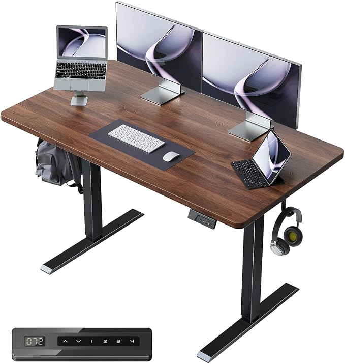 CubiCubi 40 x 24 Small One-Piece Standing Desk, Adjustable Height Electric Computer Sit Stand up Home Office Workstation, with 4 Memory Presets, Headphone Hook, Black Walnut