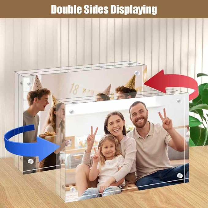 Egofine 3.5x5 Acrylic Frame 4 Pack, 20mm Thicker Frameless Clear Picture Frame, Double Sided Magnetic Picture Frame, Free Standing Desktop Display