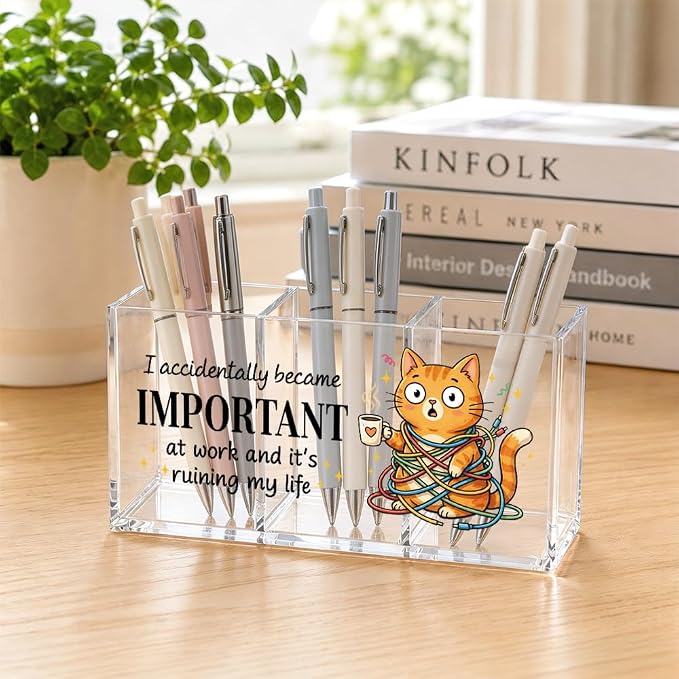 I Accidentally Became Important at Acrylic Pen Holder 3 Compartments, Funny Cat Burnout Clear Desktop Organizer for Office School Home, Office Humor Gifts for Cat Mom Friends Coworkers Boss