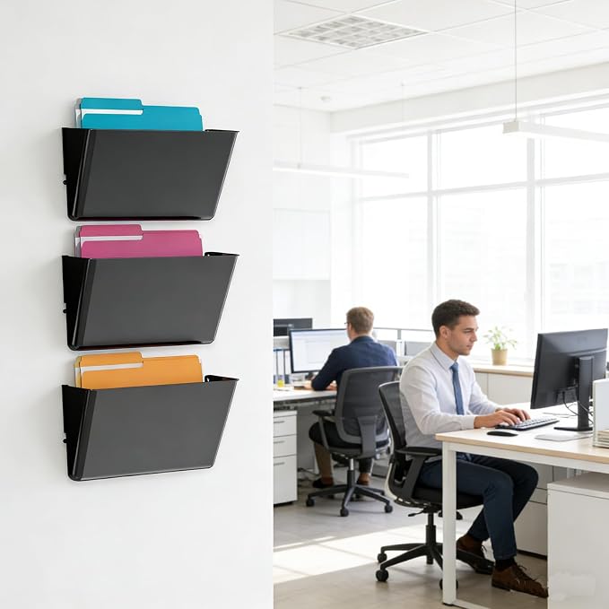 MINDEPOT 3 Pockets Acrylic Wall File Organizer, Wall File Holder Black