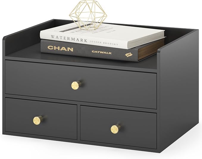 Bamboo Desk Organizer with Drawers,Wooden Desktop Storage (3 Drawers,Black) | 100% Bamboo 3 Pull-Out Drawers No Assembly Required Space-Saving Design