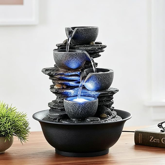 10.6” High Tabletop Water Fountain - 4-Tier Tabletop Fountain Indoor with LED Light, Rock Style Cascading Desk Fountain, Zen Relaxation Water Feature for Office, Living Room or Bedroom Decor