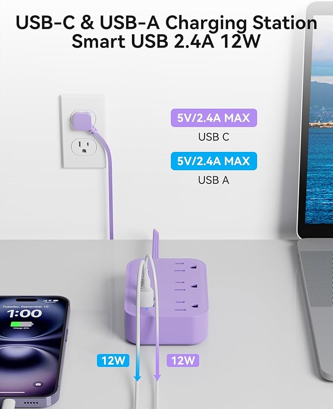 Purple Extension Cord with 3 Outlets & 3 USB(1 USB C), Cute Small Extension Cord 5ft, Travel Power Strip Flat Plug with USB Charging Station, Compact for Cute Purple Kawaii Lavender Desk Accessories