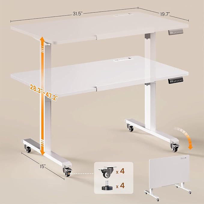 SEDETA 31.5 Inches Electric Standing Desk, 180° Tiltable Mobile Rising | Computer Desk Height Adjustable with Wheels for Drawing/Writing/Gaming/Study/Home Office/Small Space, White