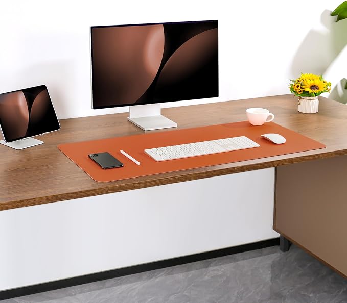 Dual Sided Desk Pad Faux Leather Desk Mat Large Mouse Pad | Desk Pad Protector Non-Slip Waterproof Desk Mouse Pad for Writing Desk, Office, Home(Orange Black 31.5"X15.7")