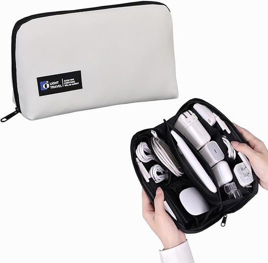 Electronics Organizer Bag, Travel Digital Storage Pouch for Cable, Cord, Earphone, USB Flash Drive, Power Bank, Hard Drive, Portable Tech Travel Case with Multi-Compartment (White)