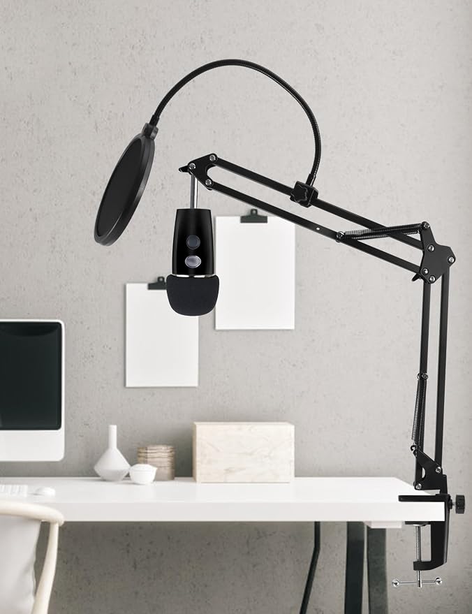 Mic Stand Boom Arm for Blue Yeti, Nano, HyperX QuadCast Snowball Fifine and More Mic, Adjustable Boom Arm Desk Microphone Stand with 3/8" to 5/8" 1/4" Screw, Pop Filter Mic Clip Cable Ties