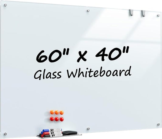 MaxGear Magnetic Glass Whiteboard 60x40 Frameless Wall Mounted | Tempered Glass, Scratch Resistant, Stain Resistant, Ghost Free, Easy Erase, Smooth Writing, High Clarity, Frameless