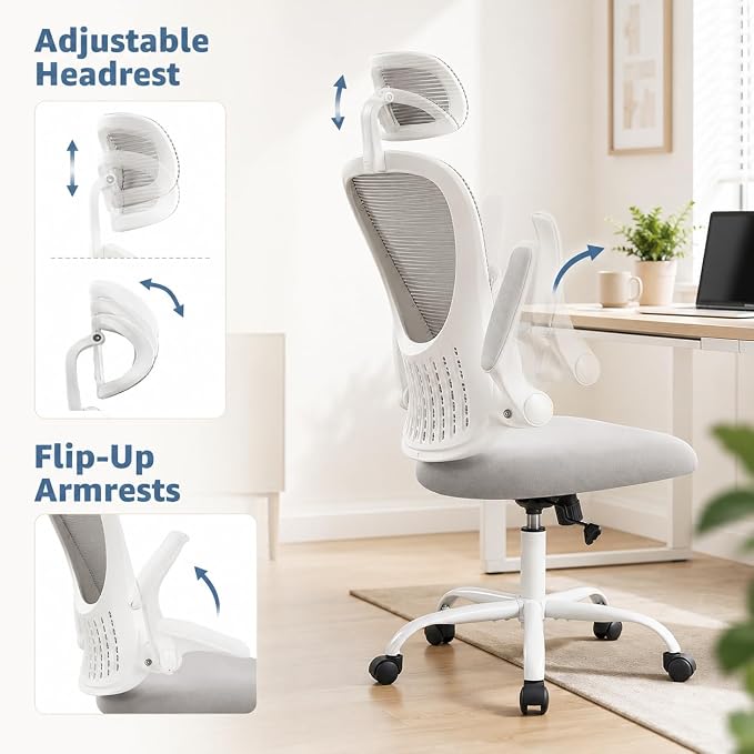 Grey Ergonomic Office Chair, High Back Mesh Desk Chair with Adjustable Headrest Lumbar Support, Computer Chairs with Flip-up Armrests and Thickened Cushion for Adults Home Office, 360° Swivel