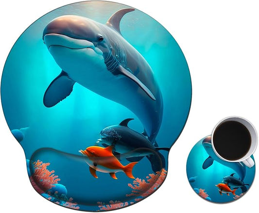 Mouse Pad with Wrist Support Gel, Ergonomic Mouse Pad with Comfortable Wrist Rest, Gaming Mousepad Non-Slip PU Base for Laptop Office Easy Typing & Pain Relief,Cute Dolphin