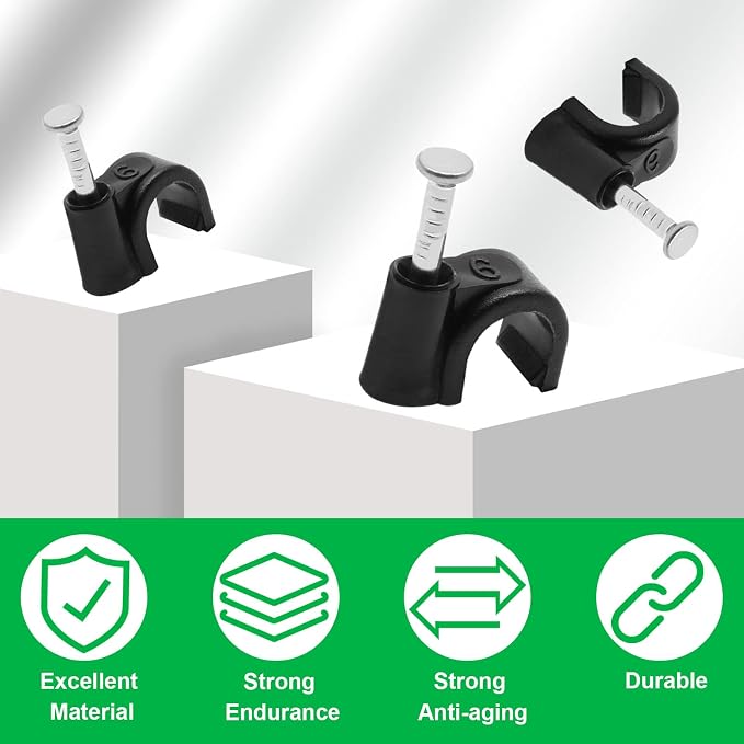 1/4" / 6mm Half Clamp J-Hook Cable Clips with Nail, Black, 100pcs | Nail in Cable Clips, Ethernet Cable Nails Tacks Clips